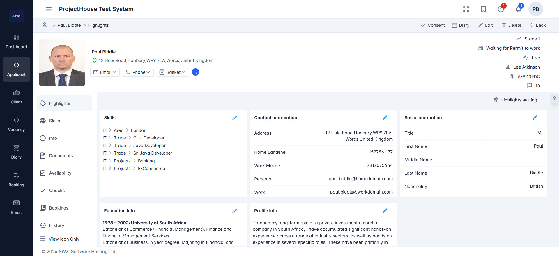 SW2 Applicant Record